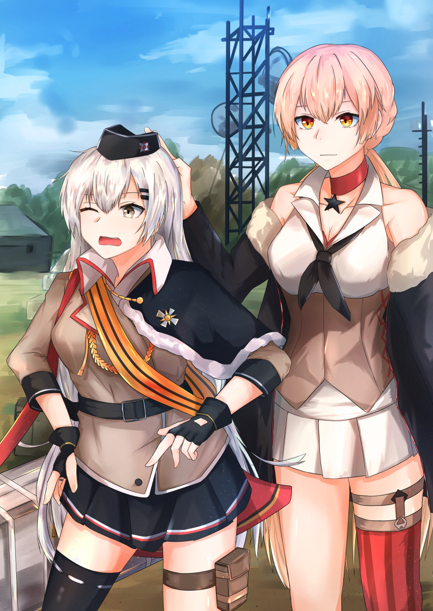 2girls absurdres asymmetrical_legwear barrette belt black_gloves black_jacket black_legwear black_neckwear black_skirt blonde_hair braid breasts brown_jacket cleavage collarbone dress girls_frontline gloves grey_eyes grey_hair hand_on_head hat highres huge_filesize jacket jacket_over_shoulder leg_holster long_hair looking_away medium_breasts military military_hat military_uniform multiple_girls muteppona_hito necktie one_eye_closed open_eyes open_mouth orange_eyes ots-14_(girls_frontline) partly_fingerless_gloves red_legwear silver_hair simple_background skirt svd_(girls_frontline) tape uniform white_dress