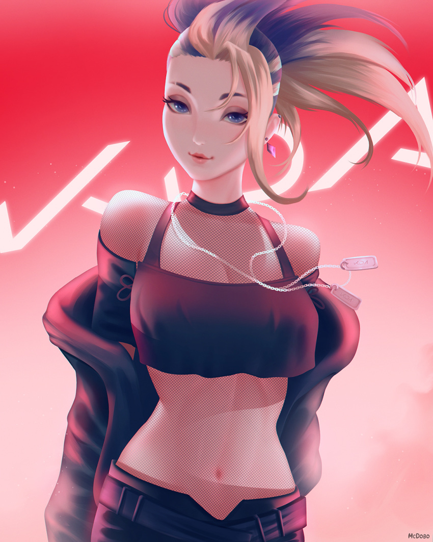 1girl akali belt black_hair blonde_hair bodystocking breasts cleavage dog_tags ear_piercing earrings eyeshadow fishnet_top gradient gradient_background high_ponytail highres jacket jewelry k/da_(league_of_legends) league_of_legends lips looking_at_viewer makeup mcdobo multicolored_hair navel off-shoulder_jacket open_clothes open_jacket piercing short_hair solo the_baddest_akali two-tone_hair upper_body