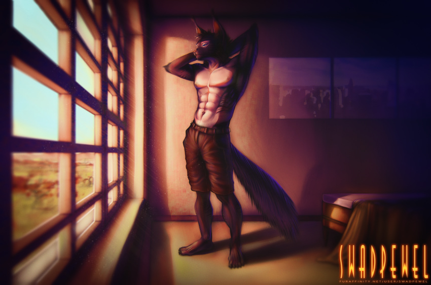 absurd_res anthro bed bedroom bottomwear clothed clothing detailed_background felid feline furniture hi_res lynx male male/male mammal morning muscular pants pose sfw_nudity solo solo_focus stare swadpewel