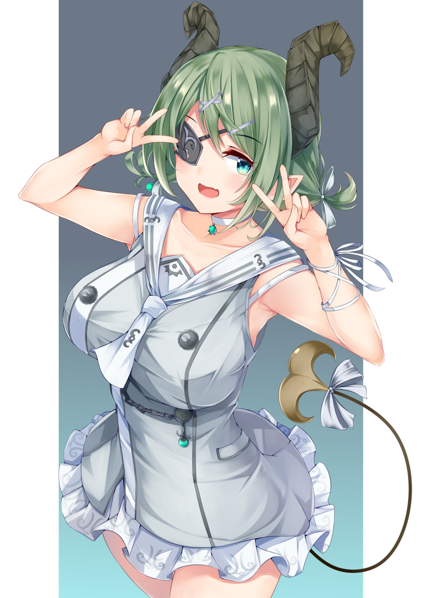 1girl armpits arms_up bangs between_breasts blue_eyes blush bow bra_strap breasts choker curled_horns demon_girl demon_horns demon_tail double_v dress eyepatch fang green_hair hair_ornament hairclip highres honey_strap horns irohasu large_breasts looking_at_viewer necktie necktie_between_breasts open_mouth pointy_ears ribbon sekishiro_mico short_hair short_twintails sleeveless sleeveless_dress smile solo tail tail_bow twintails v virtual_youtuber wrist_ribbon