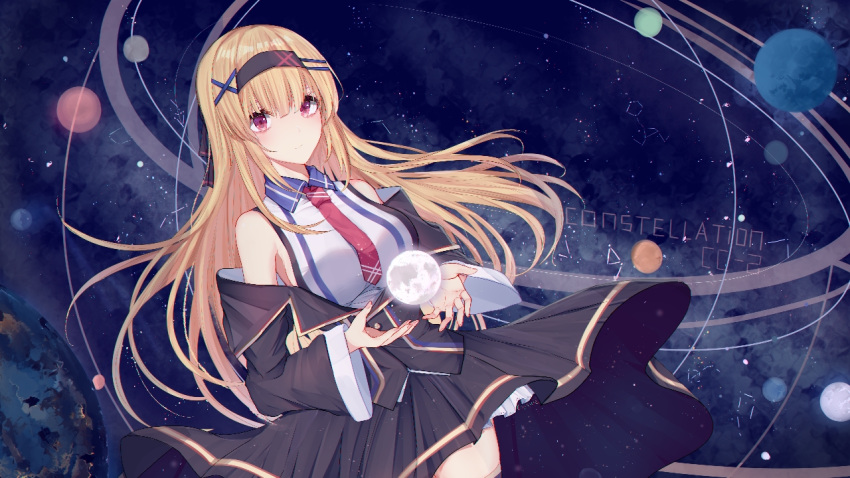 1girl 3874384829 black_jacket black_skirt blonde_hair breasts character_name closed_mouth constellation_(warship_girls_r) english_text eyebrows_visible_through_hair hair_ribbon hairband jacket long_hair looking_at_viewer moon necktie open_eyes purple_eyes red_neckwear ribbon shirt skirt solo space warship_girls_r white_shirt