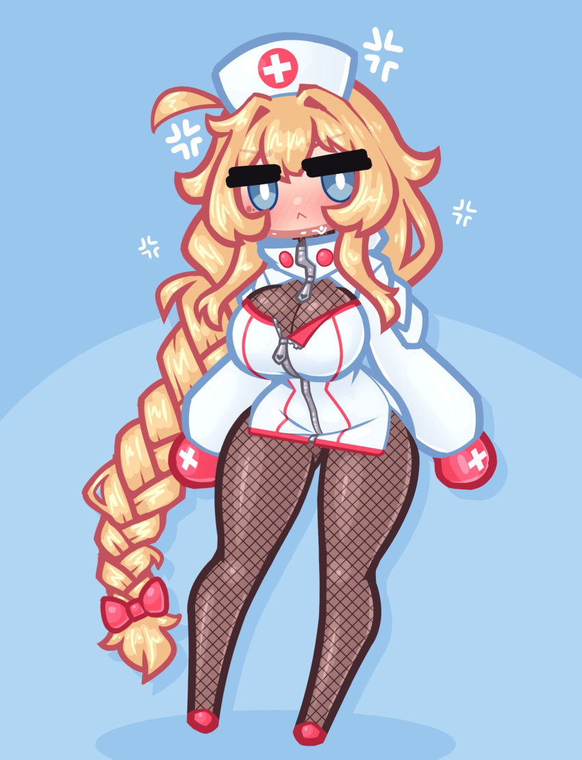 1girl blonde_hair blue_eyes blush braid commentary english_commentary fishnet_pantyhose fishnet_top fishnets hat highres indie_virtual_youtuber jacket limebreaker long_hair nurse nurse_cap pantyhose red_shoes shoes single_braid solo thick_eyebrows whiskey_project