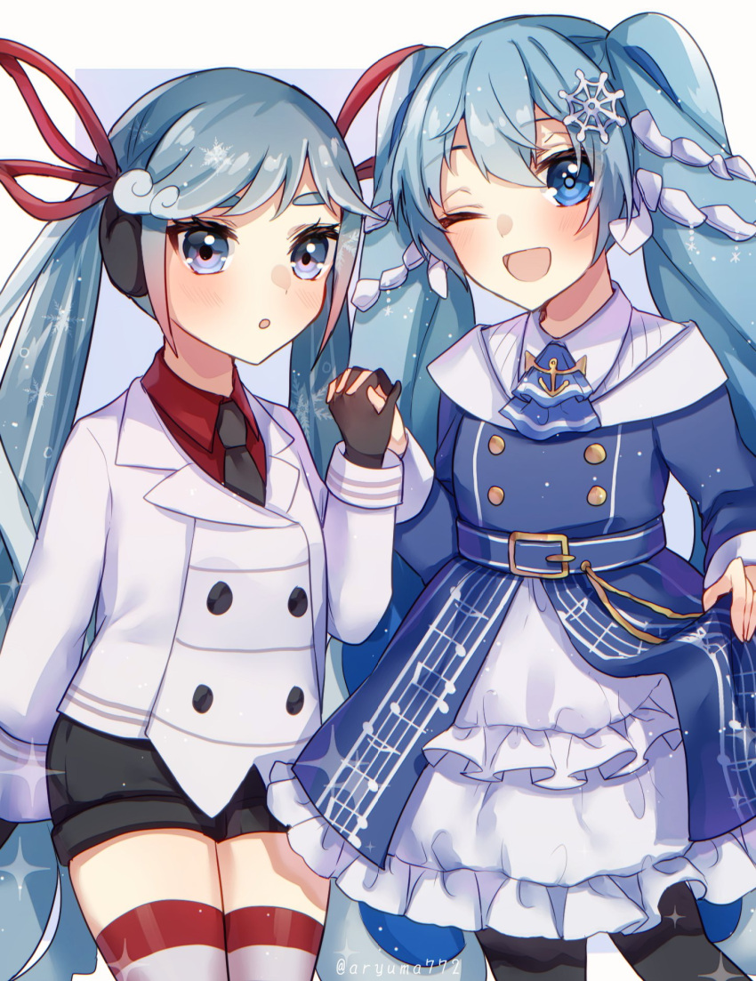 2girls aqua_hair aryuma772 belt black_gloves black_necktie black_pantyhose black_shorts blue_belt blue_dress blue_eyes blush buttons collared_shirt commentary_request double-breasted dress fur-trimmed_sleeves fur_trim gloves gradient_hair grey_eyes hair_between_eyes hair_ornament hair_ribbon hat hatsune_miku highres holding_hands jacket long_hair long_sleeves looking_at_viewer multicolored_hair multiple_girls musical_note musical_note_print musical_staff musical_staff_print necktie official_alternate_costume official_alternate_hairstyle one_eye_closed pantyhose red_hair red_ribbon red_shirt ribbon shirt short_shorts shorts smile snowflake_print snowflakes striped_clothes striped_thighhighs thighhighs thighs twintails very_long_hair vocaloid white_hair white_jacket yuki_miku yuki_miku_(2022)