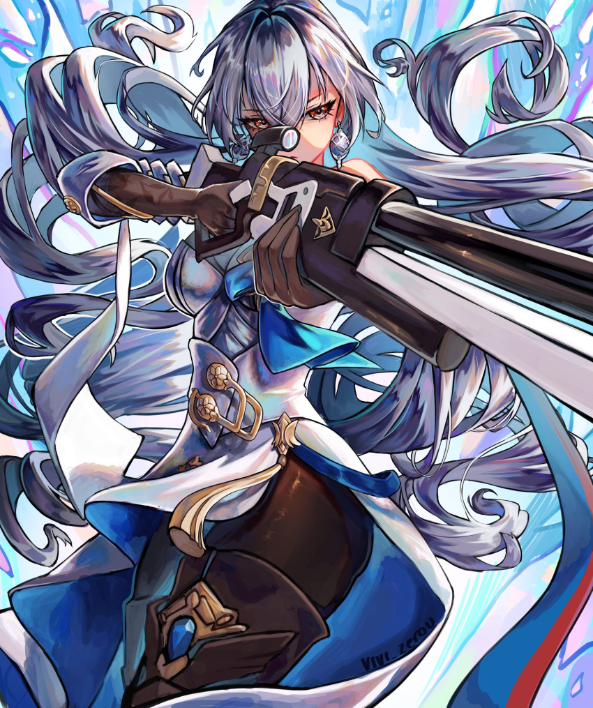 1girl absurdres aiming alternate_eye_color artist_name breasts bronya_rand brown_gloves commentary cowboy_shot dress earrings english_commentary expressionless floating_hair glint gloves grey_hair gun hair_between_eyes highres holding holding_gun holding_weapon honkai:_star_rail honkai_(series) jewelry long_hair looking_at_viewer medium_breasts red_eyes rifle solo very_long_hair vivi_zerou weapon white_dress