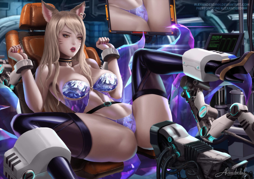 1girl ahri alexanderdinh animal_ears bdsm blonde_hair bondage bound breasts choker cleavage crystal earrings eyeshadow fox_ears fox_tail heart high_heels idol jewelry k/da_(league_of_legends) k/da_ahri large_breasts league_of_legends leg_up lipstick long_hair machine makeup open_mouth restrained signature spread_legs tail thighhighs yellow_eyes