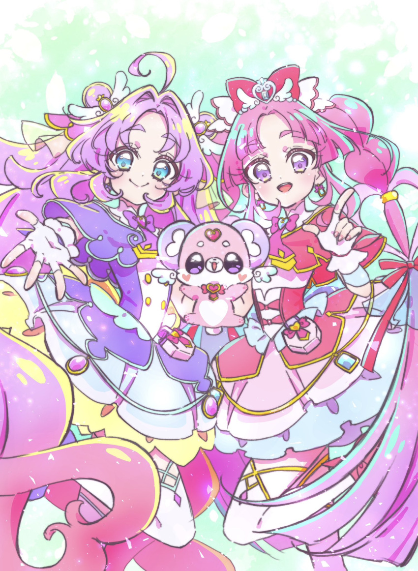 2girls :d ahoge akechi_anna blue_eyes blunt_ends blush blush_stickers bow braid brooch buttons capelet closed_mouth commentary creature cure_answer cure_mystic dot_nose double-breasted double_bun dress earrings fairy fingerless_gloves fingernails foot_out_of_frame gloves gradient_hair green_background hair_bow hair_bun hair_intakes hair_ornament hand_up heart heart-shaped_blush_stickers heart_brooch heart_hair_ornament highres impossible_hair index_finger_raised jewelry kobayashi_mikuru layered_dress leg_up long_hair looking_at_viewer magical_girl meitantei_precure! multicolored_hair multiple_girls open_hand open_mouth outstretched_hand parted_bangs pink_bow pink_capelet pink_dress pink_gloves pink_hair pink_shoes pochi-tan pouch precure purple_bow purple_capelet purple_dress purple_eyes purple_gloves purple_hair purple_shoes reaching reaching_towards_viewer red_bow shoes side-by-side smile split_mouth spread_fingers standing standing_on_one_leg thick_eyebrows thighhighs twin_braids very_long_hair white_thighhighs yano_akane