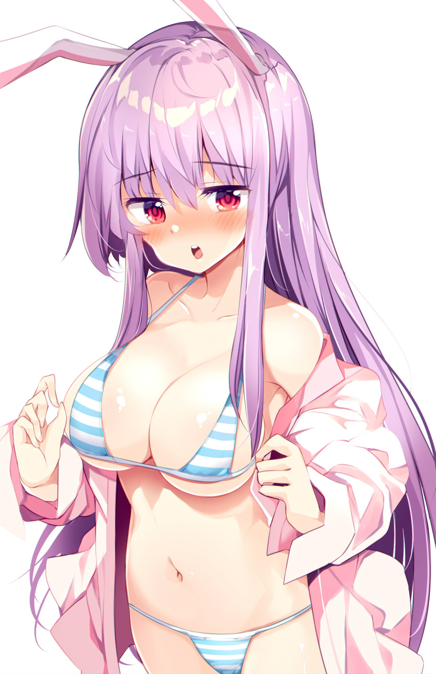 1girl animal_ears bangs bare_shoulders bikini blue_bikini blush breasts bunny_ears cleavage collarbone eyebrows_visible_through_hair hair_between_eyes highres large_breasts long_hair long_sleeves looking_at_viewer maturiuta_sorato navel open_mouth pink_shirt purple_hair red_eyes reisen_udongein_inaba shirt simple_background solo stomach string_bikini striped striped_bikini swimsuit touhou white_background