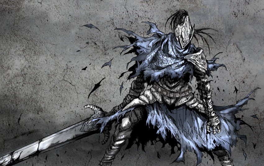 1boy armor artorias_the_abysswalker breastplate cape commentary_request dark_souls facing_viewer feet_out_of_frame full_armor gauntlets grey_background helmet highres holding holding_sword holding_weapon knight legs_apart male_focus pauldrons plume shimoda_masaya shoulder_armor solo souls_(from_software) standing sword torn_cape torn_clothes weapon