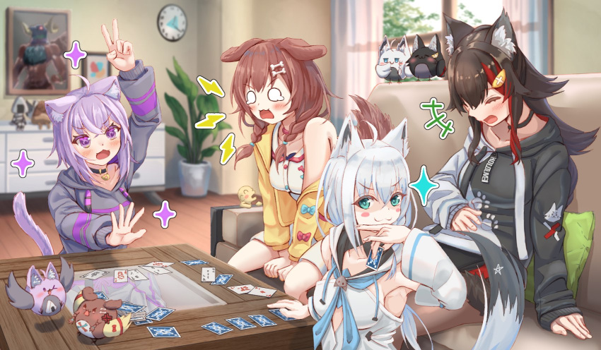 +++ 4girls ahoge animal_ear_fluff animal_ears arm_up armpits bangs black_choker black_hair black_hoodie blush bone_hair_ornament braid brown_hair card cat_ears cat_girl cat_tail chest_of_drawers choker clock closed_eyes collar commentary_request couch detached_sleeves dog_ears dog_girl dog_tail eyebrows_visible_through_hair fox_ears fox_girl fox_shadow_puppet fox_tail fubuchun green_eyes grey_hoodie hair_between_eyes hair_ornament hairclip hatotaur highres holding holding_card hololive hololive_gamers indoors inugami_korone jacket kayuchun korochun listener_(korone_channel) miochun multiple_girls nekomata_okayu nyoon o_o off_shoulder ookami_mio open_clothes open_jacket open_mouth oruyanke_(fubuki_channel) outstretched_arm pentagram pillow plant playing_card purple_eyes purple_hair red_hair shirakami_fubuki shirt sidelocks single_braid sitting smug sparkle table tail tearing_up twin_braids v virtual_youtuber white_hair white_hoodie white_shirt window wolf_ears wolf_girl wolf_tail yellow_jacket