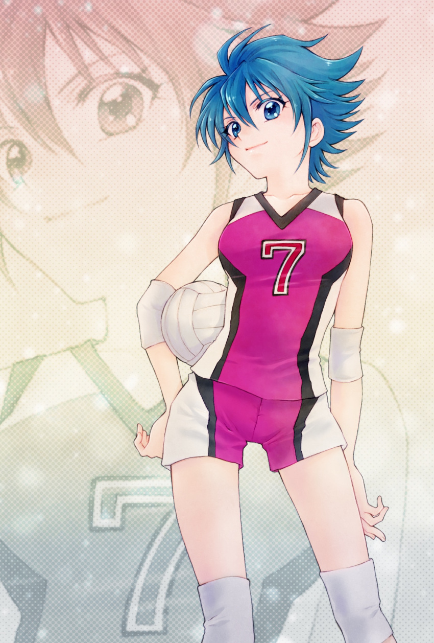 1girl aizen_(syoshiyuki) bare_shoulders blue_eyes blue_hair collarbone commentary cowboy_shot elbow_pads gym_shirt gym_shorts hair_between_eyes hand_on_hip highres knee_pads nishijima_waon precure projected_inset shirt short_hair short_shorts shorts sleeveless sleeveless_shirt smile solo sportswear suite_precure volleyball volleyball_uniform zoom_layer