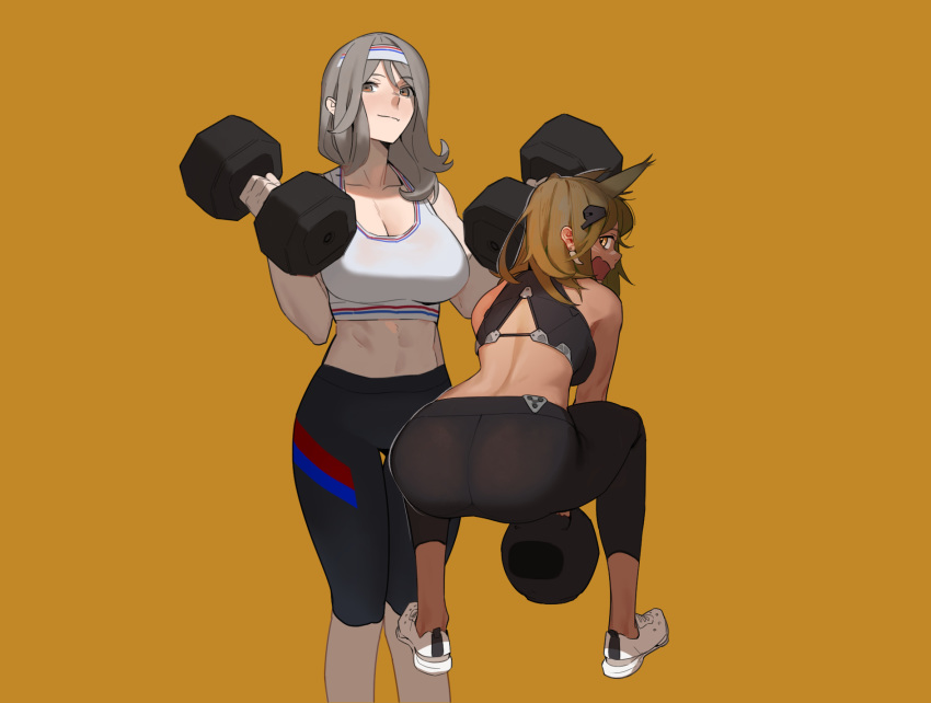 2girls abs animal_ears ass black_pants blush breasts closed_mouth cr-21_(girls_frontline) dumbbell girls_frontline grey_hair hair_ornament hairband highres hirundo_rustica k3_(girls_frontline) large_breasts long_hair looking_at_viewer midriff multiple_girls open_mouth pants simple_background tank_top weightlifting white_footwear yellow_background yellow_eyes