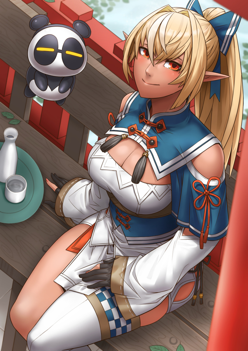 1girl absurdres alcohol animal_costume bench black_gloves blonde_hair blue_bow bow breasts cleavage corset cup dark_elf dark_skin detached_collar detached_sleeves elf exaxuxer gloves hair_bow hair_intakes high_ponytail highres hip_vent hololive hololive_fantasy kintsuba_(flare_channel) large_breasts long_hair looking_at_viewer miniskirt multicolored_hair orange_eyes panda panda_costume partly_fingerless_gloves pointy_ears ponytail sakazuki sake shiranui_flare shoulder_cutout single_thighhigh sitting skirt smile streaked_hair thighhighs tray virtual_youtuber white_hair white_legwear