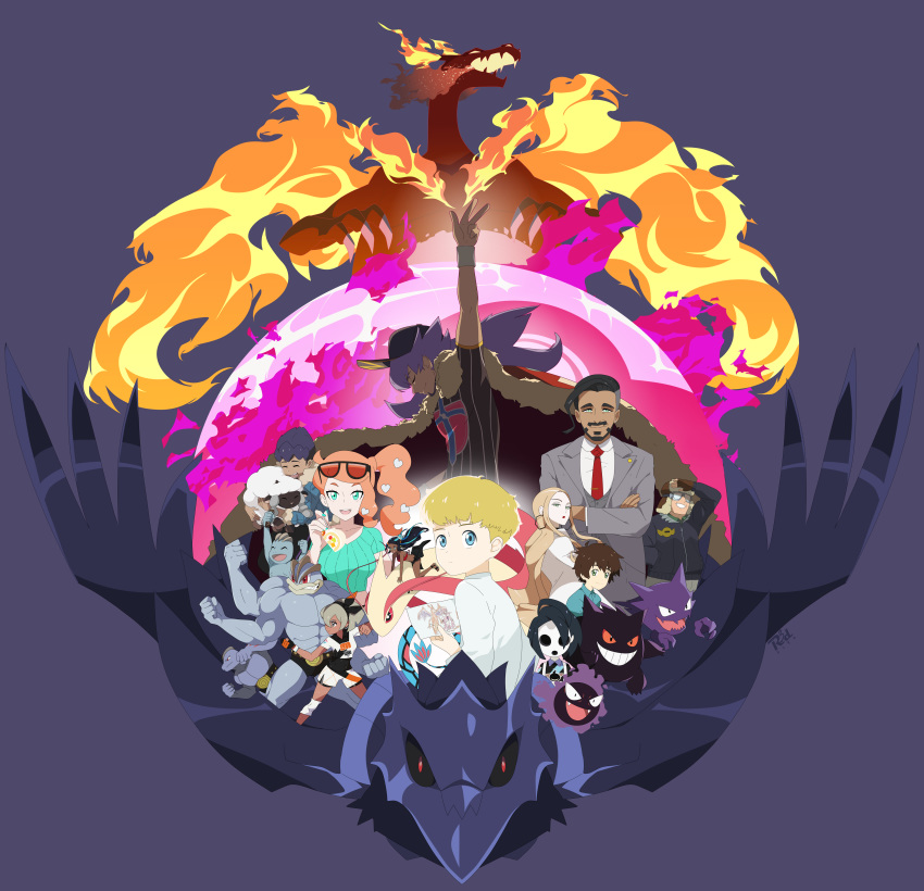 4girls 6+boys absurdres allister_(pokemon) animal arm_up bea_(pokemon) blonde_hair blue_eyes brown_hair charizard closed_eyes corviknight crossed_arms dark_skin dark_skinned_male drawing earrings everyone eyewear_on_head fire flame food fur_trim gastly gen_1_pokemon gen_3_pokemon gen_8_pokemon gengar gigantamax goggles green_eyes grey_background grey_hair haunter heart highres holding holding_animal hoop_earrings hop_(pokemon) jewelry john_(pokemon) leon_(pokemon) looking_at_viewer machamp machoke machop milotic multiple_boys multiple_girls necktie nessa_(pokemon) oleana_(pokemon) orange_hair poke_ball pokemon pokemon:_twilight_wings purple_hair r3dfive red_neckwear ribbed_shirt rose_(pokemon) shirt side_ponytail sonia_(pokemon) sunglasses tommy_(pokemon) wooloo