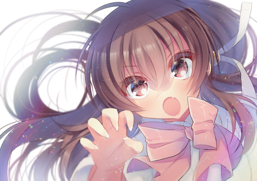 1girl blush bow bowtie brown_eyes brown_hair capelet claw_pose commentary_request eyebrows_visible_through_hair fang floating_hair hair_between_eyes hair_ribbon hano_haruka light_particles little_busters! long_hair looking_at_viewer natsume_rin open_mouth pink_neckwear ribbon simple_background skin_fang solo upper_body white_background