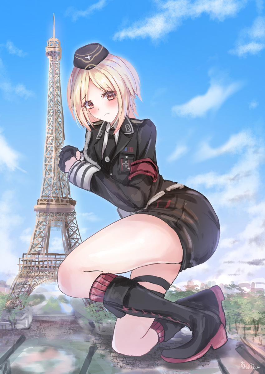 1girl absurdres armband black_footwear black_gloves black_headwear black_neckwear black_skirt blonde_hair blue_sky blush boots brown_eyes cloud cross-laced_footwear day eiffel_tower giantess girls_frontline gloves half_gloves hat highres knee_boots lace-up_boots landmark long_sleeves martinreaction military military_uniform mp40_(girls_frontline) necktie short_hair signature skirt sky socks solo uniform