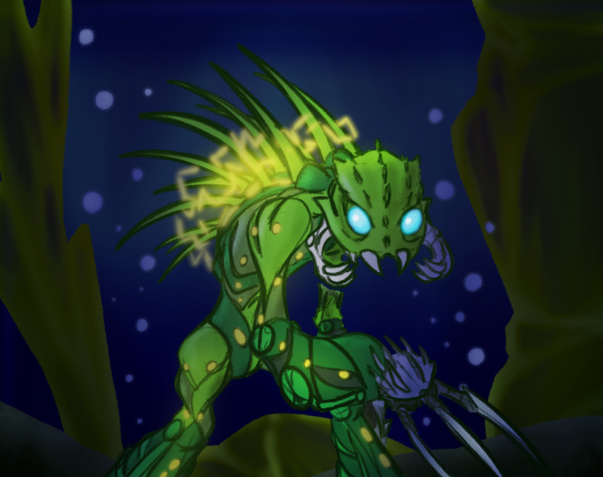 3_fingers air_bubbles ambiguous_gender anthro armor arthropod back_spikes barraki bionicle biped blue_eyes bubble claws deterex525 digital_drawing_(artwork) digital_media_(artwork) ehlek electricity fingers green_body green_skin head_spikes hi_res humanoid insect lego long_claws looking_at_viewer machine mandibles marine melee_weapon robot sharp_teeth simple_background solo spikes spikes_(anatomy) standing teeth underwater water weapon