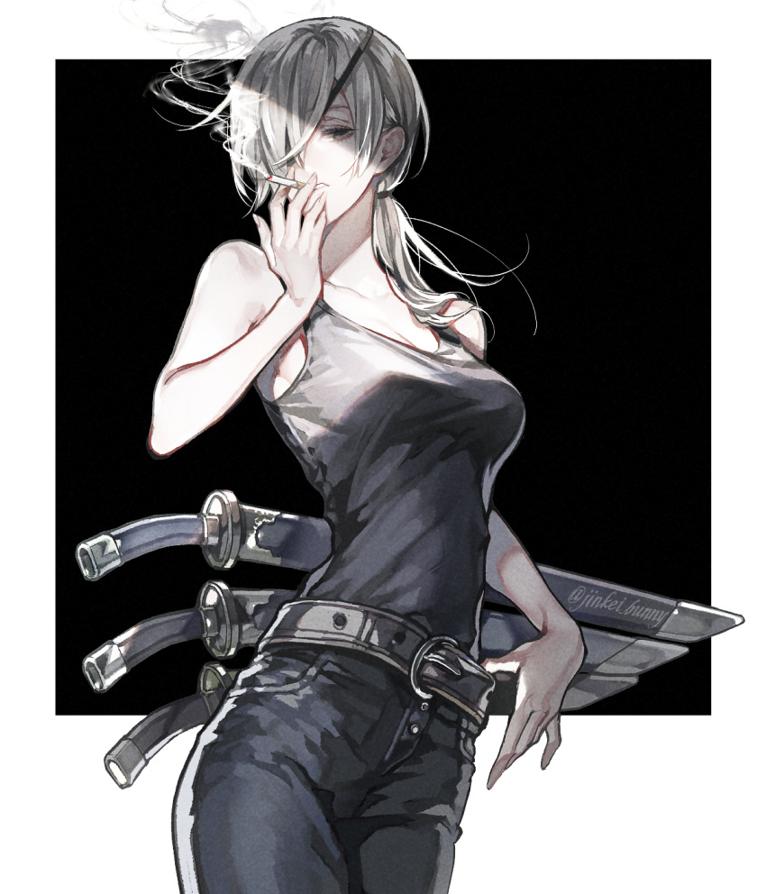 1girl bare_arms bare_shoulders belt between_fingers black_background black_eyepatch black_eyes black_pants black_tank_top breasts chainsaw_man cigarette cleavage cowboy_shot eyepatch hair_over_one_eye hair_over_shoulder highres holding holding_cigarette koshika_rina long_hair looking_at_viewer low_ponytail medium_breasts multiple_weapons one_eye_covered pants parted_lips ponytail quanxi_(chainsaw_man) smoke smoking solo sword sword_behind_back tank_top weapon white_hair