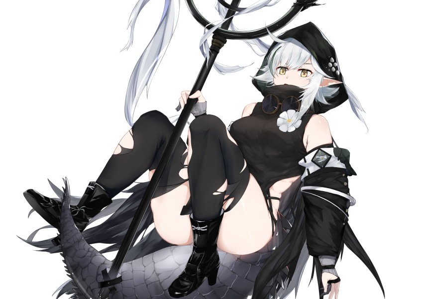 1girl absurdres ahoge arknights as_yinshimao bangs bare_shoulders black_footwear boots breasts commentary_request crocodilian_tail flower high_heel_boots high_heels highres holding holding_staff hood knees_up large_breasts large_tail long_sleeves looking_at_viewer pointy_ears short_hair sidelocks silver_hair simple_background solo staff tail thighhighs thighs tomimi_(arknights) white_background white_flower yellow_eyes