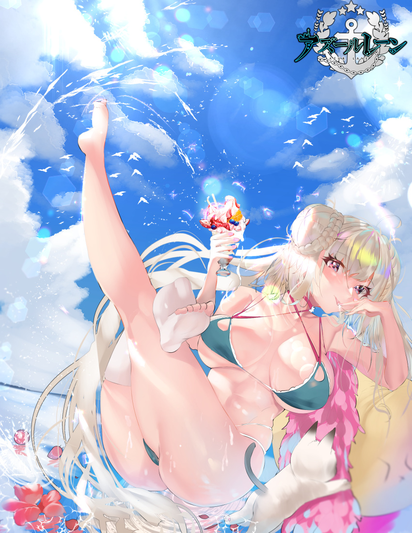 1girl absurdres ahoge alternate_costume aqua_bikini azur_lane bangs barefoot bikini blush braid braided_bun breasts cherrymaru choker cleavage cup double_bun eyebrows_visible_through_hair finger_licking food formidable_(azur_lane) formidable_(the_lady_of_the_beach)_(azur_lane) highres holding holding_cup ice_cream large_breasts licking long_hair looking_at_viewer red_eyes sidelocks single_thighhigh solo sundae swimsuit thighhighs thighs tongue tongue_out very_long_hair