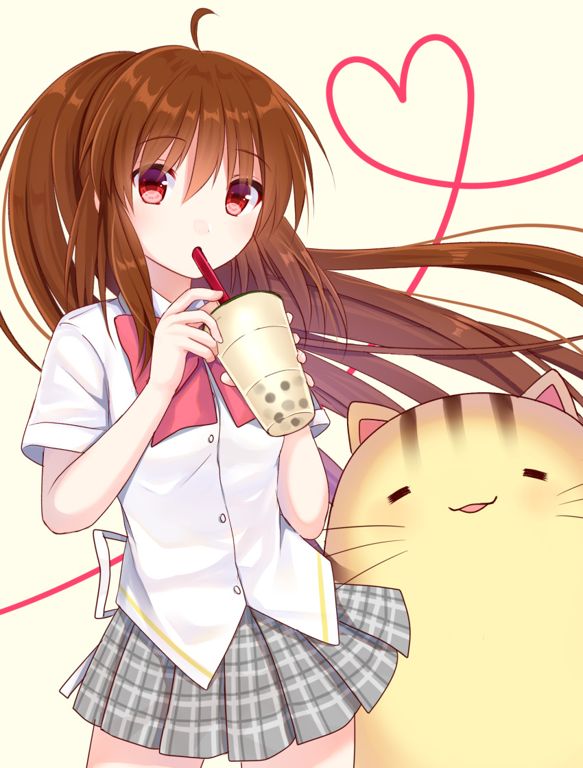 1girl akausagi brown_hair bubble_tea cat commentary_request cowboy_shot doruji dress_shirt drinking_straw grey_skirt heart highres little_busters! long_hair looking_at_viewer natsume_rin plaid plaid_skirt pleated_skirt ponytail red_eyes school_uniform shirt short_sleeves simple_background sipping skirt white_background white_shirt