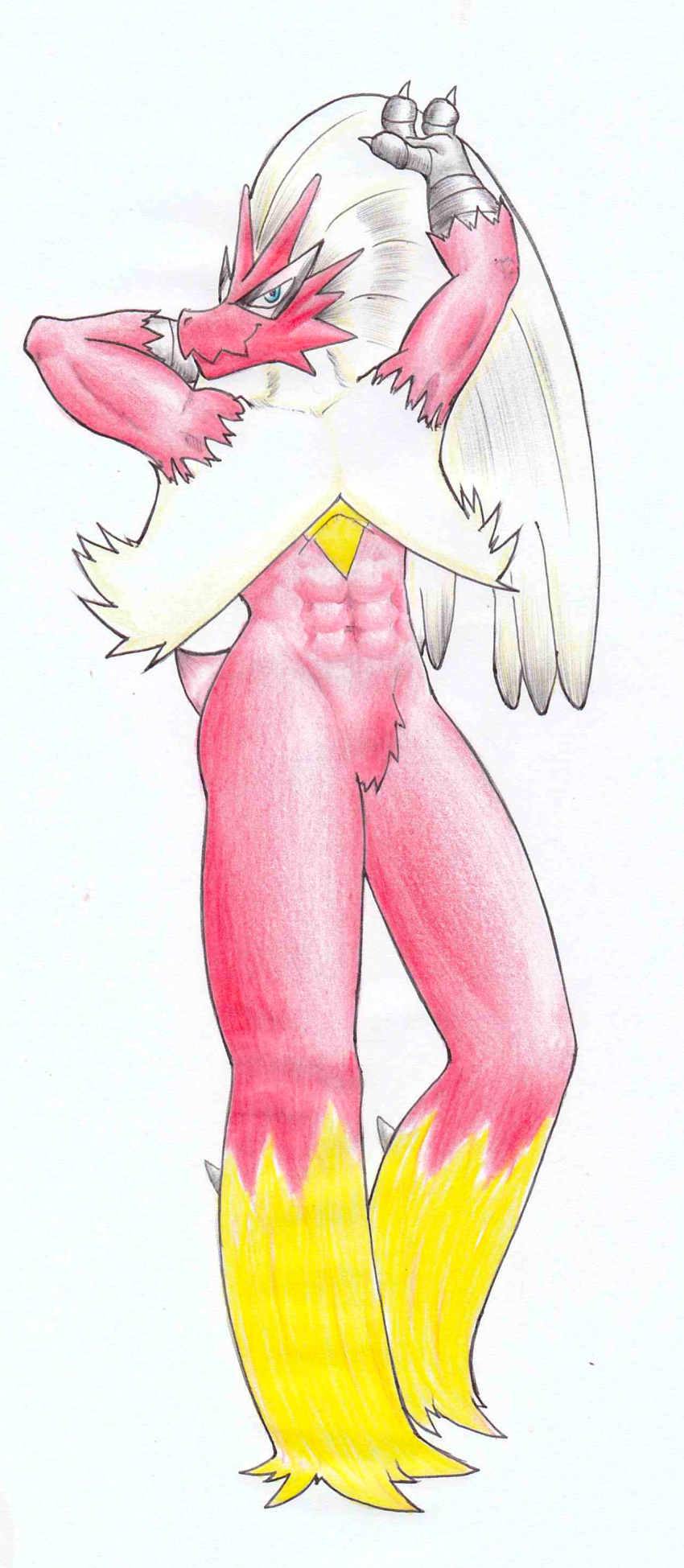 3_fingers abs absurd_res anthro avian beak biceps bird blaziken blue_eyes eyewear feathers fingers hi_res long_legs looking_at_viewer male mr_fuwa nintendo pok&eacute;mon pok&eacute;mon_(species) pose raised_arm raised_tail red_body red_feathers simple_background solo sunglasses video_games yellow_body yellow_feathers
