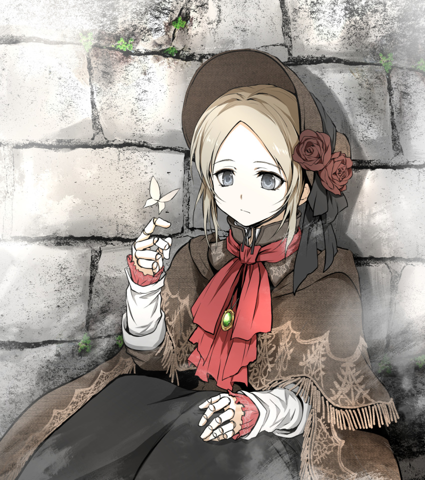 1girl bangs black_dress black_ribbon bloodborne bonnet bug butterfly cloak commentary_request doll_joints dress flower hat highres insect joints long_sleeves parted_bangs plain_doll red_flower red_rose ribbon rose shimoda_masaya short_hair sitting sleeves_past_wrists solo white_butterfly