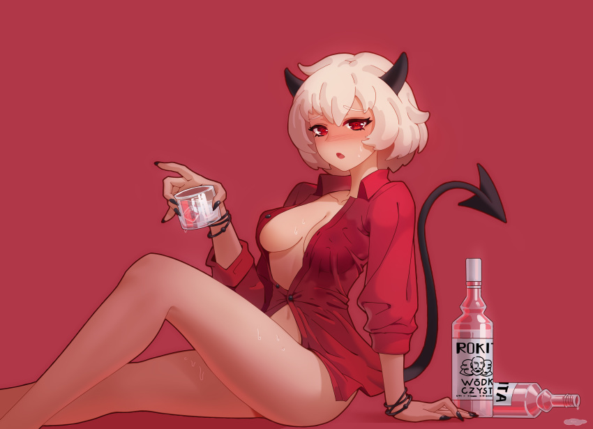 1girl :o absurdres alcohol arm_support bangs bare_legs black_horns black_nails blush bottle bottomless bracelet breasts cleavage collarbone collared_shirt commentary_request cup demon_girl demon_horns demon_tail dress_shirt feet_out_of_frame from_side helltaker highres holding holding_cup horns ice ice_cube jewelry joker.z knee_up looking_at_viewer malina_(helltaker) medium_breasts naked_shirt navel no_bra open_clothes open_mouth partially_unbuttoned red_background red_eyes red_shirt shirt short_hair simple_background sitting solo sweat tail