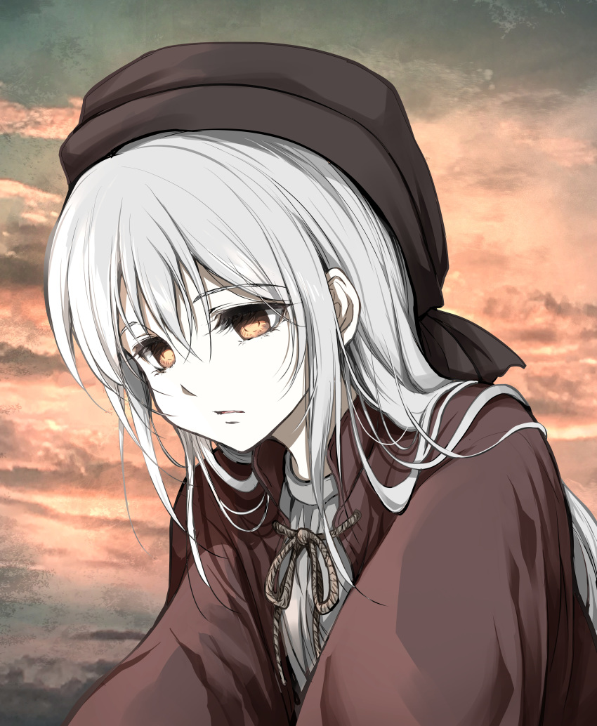 1girl absurdres brown_headwear cloak cloud cloudy_sky commentary_request dark_souls_iii face grey_shirt hat highres long_hair looking_down painting_woman red_cloak sad shimoda_masaya shirt sky solo souls_(from_software) upper_body very_long_hair white_hair