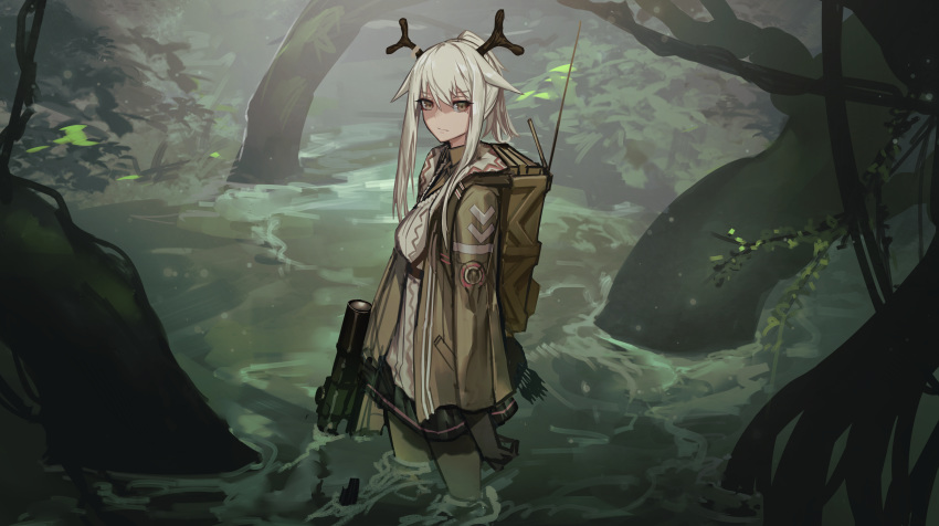 1girl absurdres antlers arknights bangs black_gloves black_legwear black_skirt bow_(weapon) breasts brown_eyes brown_jacket closed_mouth crossbow eyebrows_visible_through_hair firewatch_(arknights) fixro2n gloves grey_hair gun hair_between_eyes highres jacket long_hair long_sleeves looking_at_viewer nature open_clothes open_jacket pantyhose plant pleated_skirt ponytail rifle shirt sidelocks skirt small_breasts sniper_rifle solo standing swamp wading water weapon white_shirt