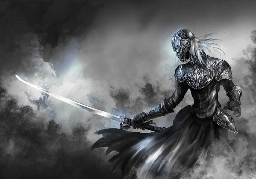 1girl armor black_dress black_gloves commentary_request dark_souls_iii dress facing_viewer floating_hair gauntlets gloves grey_background helmet holding holding_sword holding_weapon katana long_hair long_sleeves shimoda_masaya shoulder_armor solo souls_(from_software) standing sword weapon yuria_of_londor