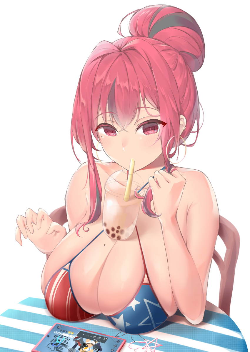 1girl absurdres american_flag_bikini azur_lane bangs bikini blush breasts bremerton_(azur_lane) bubble_tea bubble_tea_challenge cellphone cellphone_charm cleavage desk drink drinking drinking_straw_in_mouth ear_piercing earrings flag_print hair_between_eyes hair_bun hand_in_hair highres hoop_earrings jewelry large_breasts long_hair meme mole mole_on_breast mole_under_eye multicolored_hair northampton_(azur_lane) object_on_breast phone piercing pink_eyes pink_hair sakkama sideboob sitting skindentation solo streaked_hair swimsuit