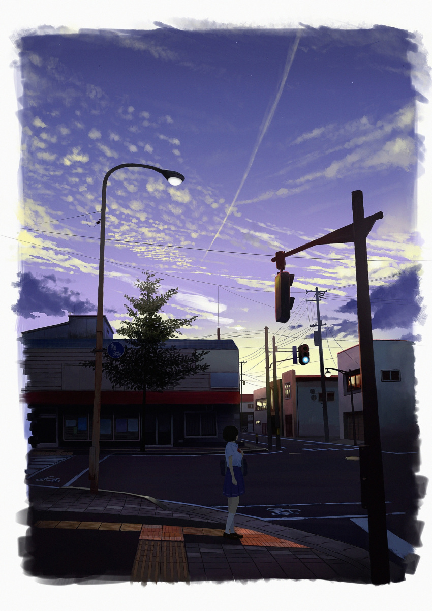 1girl bag black_hair blue_skirt building cloud condensation_trail crosswalk gensuke_(ryun) highres lamppost looking_to_the_side original road scenery shirt short_hair shoulder_bag skirt solo standing street telephone_pole traffic_light tree white_shirt wide_shot