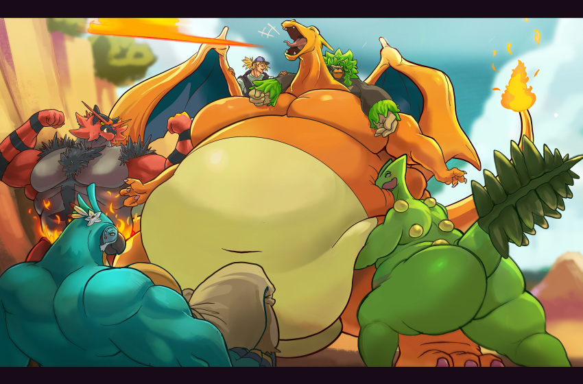 2020 ambiguous_gender anthro belly big_belly breath_of_the_wild breath_powers charizard dragon elemental_manipulation fire fire_breathing fire_manipulation group hi_res incineroar kass_(tloz) letterbox male morbidly_obese nintendo obese outside overweight overweight_ambiguous pok&eacute;mon pok&eacute;mon_(species) rillaboom sceptile standing steen the_legend_of_zelda video_games