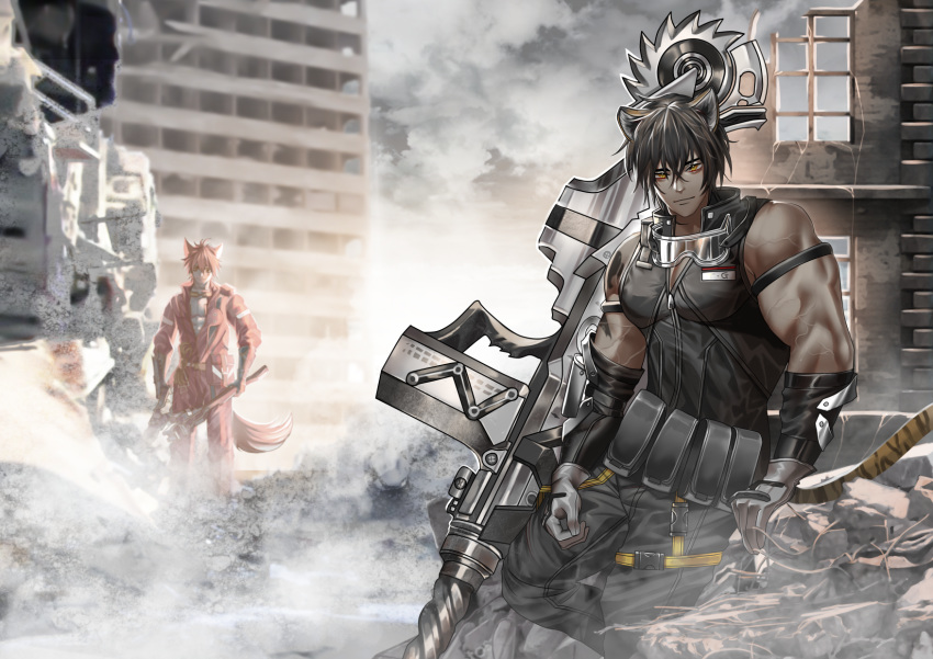 2020 animal_humanoid arknights broca_(arknights) building canid canid_humanoid clothing duo eyewear felid felid_humanoid gloves goggles hair handwear hi_res holding_object holding_weapon humanoid looking_at_viewer male mammal mammal_humanoid muscular muscular_male outside pinkbean2011 sesa_(arknights) smile veiny_muscles weapon