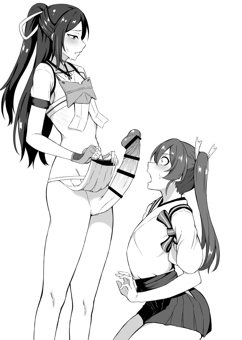 2girls absurdres blush censored erection fingerless_gloves futa_with_female futanari gloves hair_ribbon highres japanese_clothes kantai_collection katsuragi_(kantai_collection) large_penis long_hair monochrome multiple_girls nikonikosiro open_mouth pelvic_curtain penis penis_awe pointless_censoring ponytail ribbon skirt skirt_lift sweat twintails zuikaku_(kantai_collection)