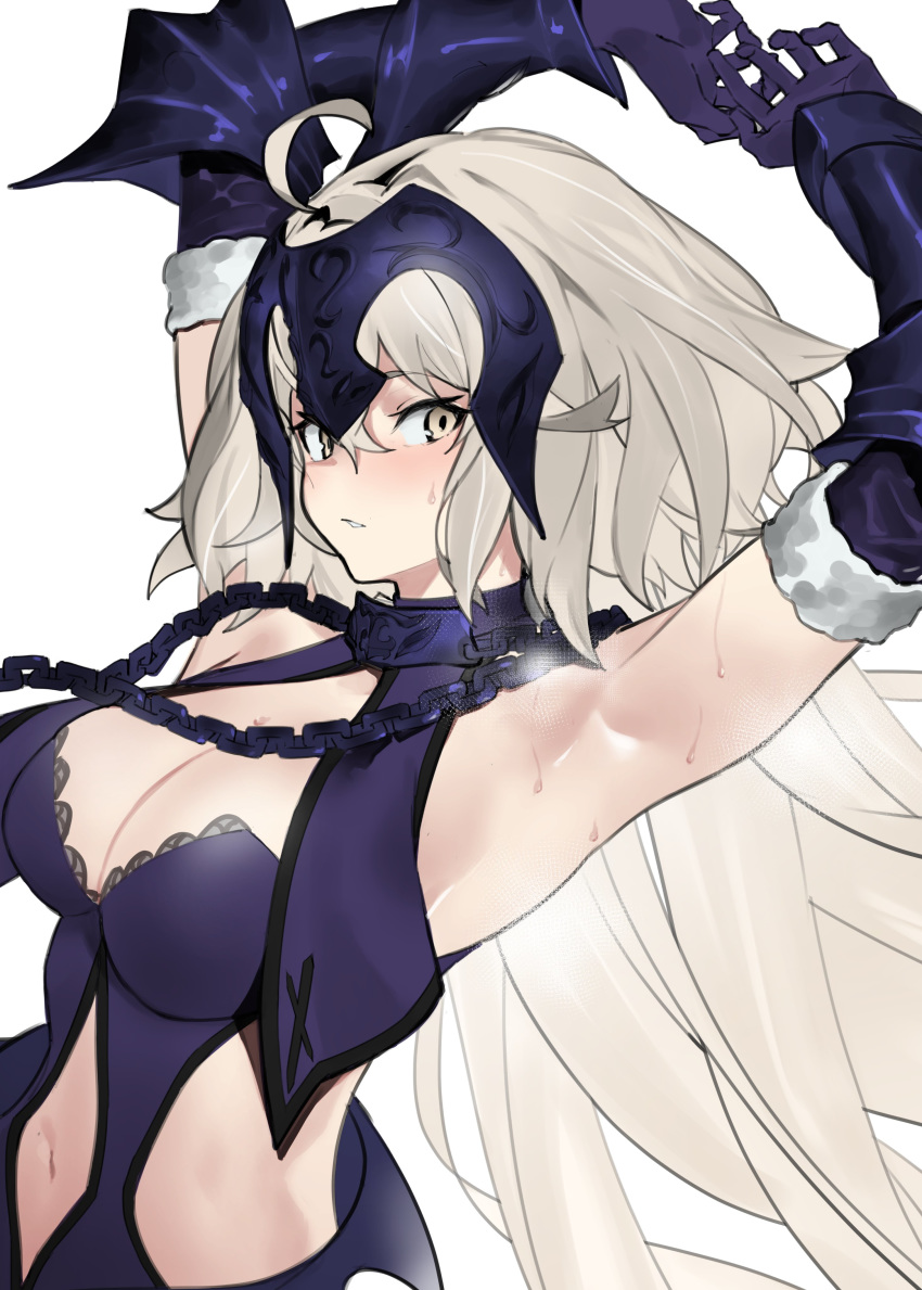 1girl absurdres ahoge armpits arms_up bangs bare_shoulders black_dress blush breasts brown_eyes chain cleavage collar dress eyebrows_visible_through_hair fate/grand_order fate_(series) from_side fur_trim gauntlets hair_between_eyes headpiece highres jeanne_d'arc_(alter)_(fate) jeanne_d'arc_(fate)_(all) jikatarou long_hair looking_at_viewer looking_to_the_side medium_breasts navel navel_cutout parted_lips revealing_clothes silver_hair sleeveless sleeveless_dress solo upper_body very_long_hair