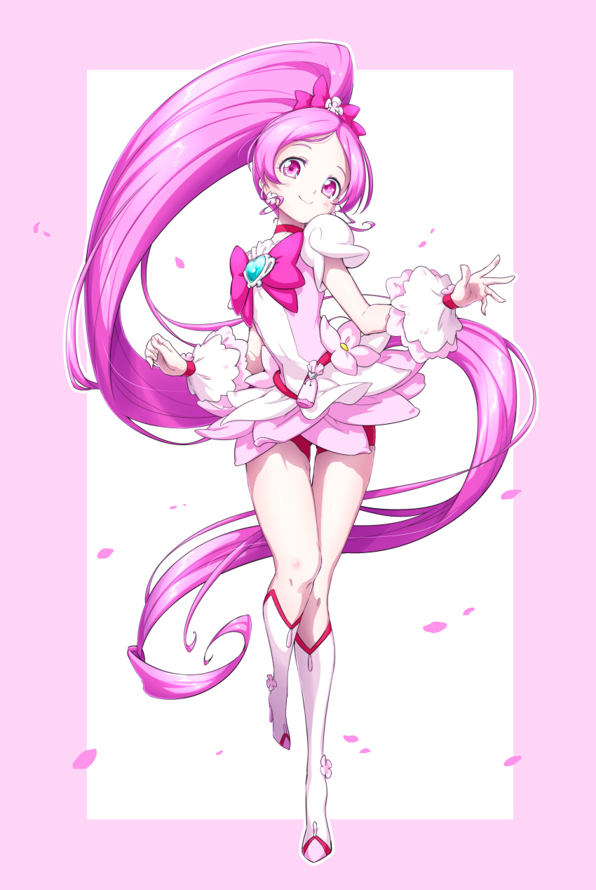 1girl absurdly_long_hair absurdres bangs boots border bow bowtie closed_mouth cure_blossom cure_heart dress floating_hair full_body hair_bow heartcatch_precure! high_ponytail highres knee_boots layered_dress long_hair looking_at_viewer matatabi_(karukan222) outside_border parted_bangs pink_border pink_dress pink_hair precure red_bow red_eyes red_neckwear shiny shiny_hair short_dress short_sleeves smile solo thigh_gap very_long_hair white_background white_footwear wrist_cuffs