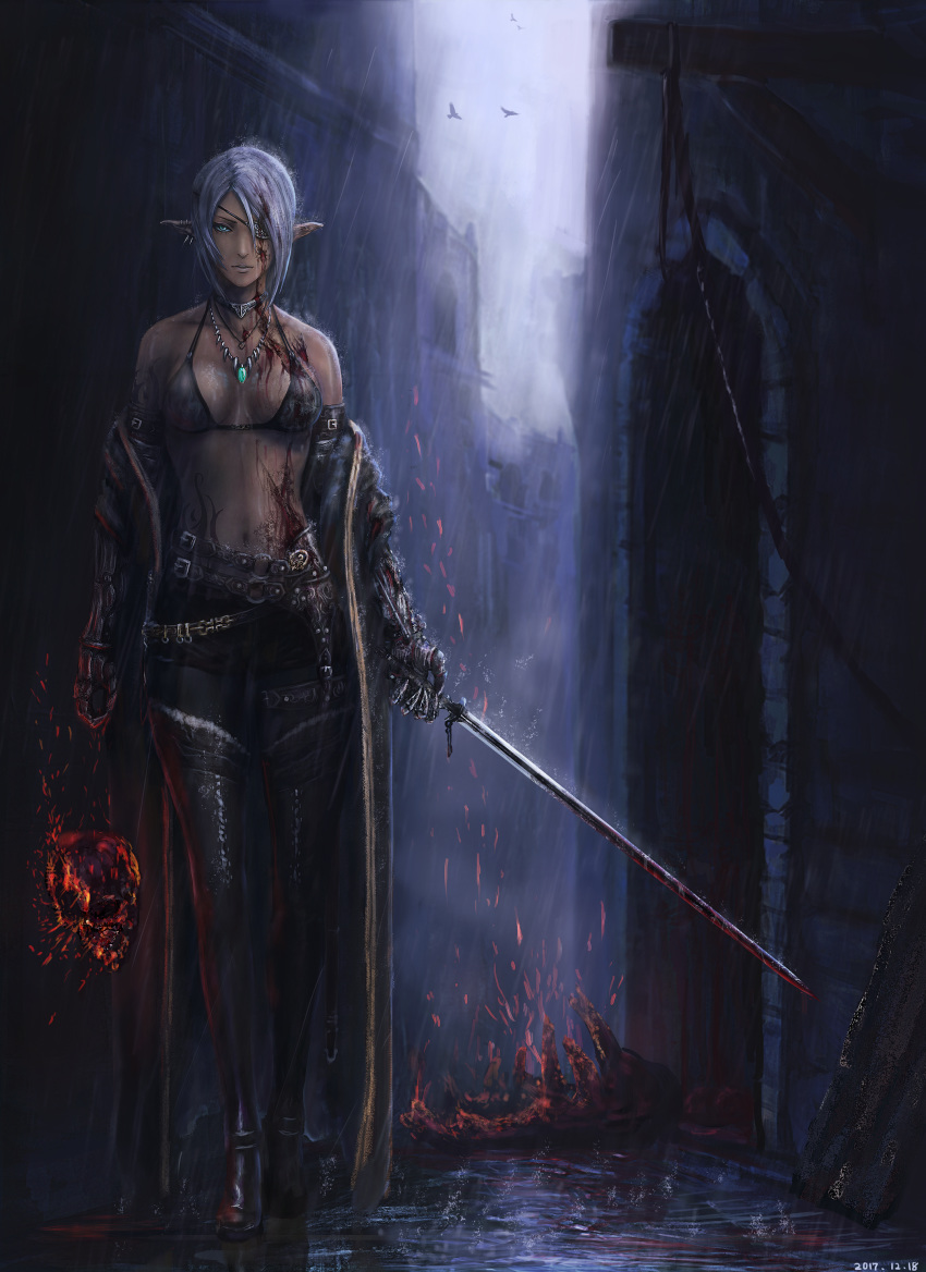 1girl absurdres auto belt black_bra black_footwear black_pants blood blood_on_face bloody_weapon boots bra breasts cleavage closed_mouth collarbone dark_elf dark_skin earrings elf eyepatch full_body green_eyes highres holding holding_sword holding_weapon jewelry looking_at_viewer medium_breasts necklace original outdoors pants parted_lips pointy_ears prosthesis prosthetic_arm rain road short_hair silver_hair skull solo street sword thigh_boots thighhighs underwear weapon