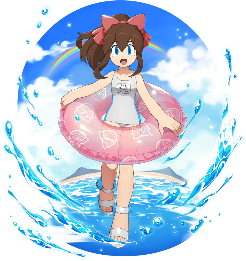 1girl alternate_eye_color alternate_hair_color android blue_eyes blue_sky bow brown_hair cloud facing_viewer full_body hair_bow highres holding holding_innertube innertube long_hair looking_at_viewer mizuno_keisuke official_art open_mouth ponytail rainbow rockman rockman_(classic) rockman_x_dive roll_(rockman) school_swimsuit sky smile solo summer swimsuit transparent_background water