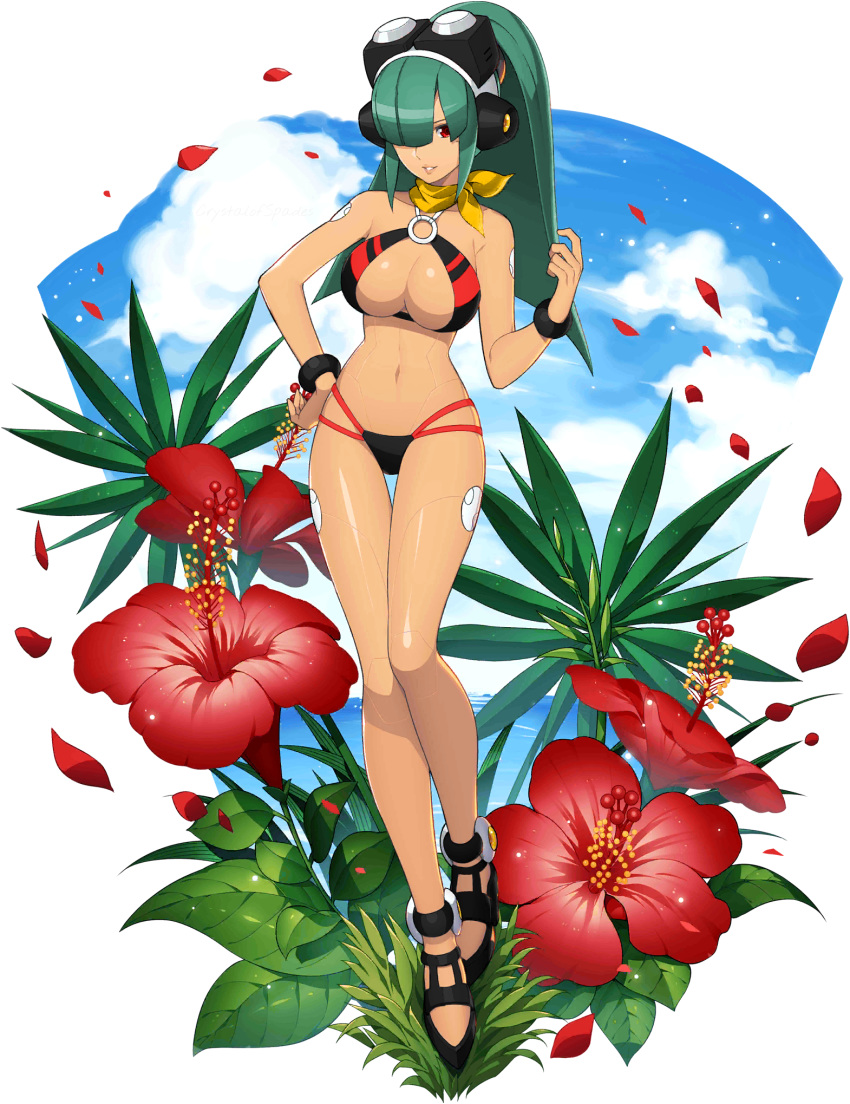 1girl alternate_color alternate_eye_color android bangs bikini blue_sky blunt_bangs bracelet breasts cloud facing_viewer flower full_body green_hair hair_over_one_eye hand_on_hip headset high_ponytail highres hime_cut jewelry large_breasts layer_(rockman) long_hair looking_at_viewer mizuno_keisuke mole mole_under_eye official_art petals ponytail red_eyes rockman rockman_x rockman_x_dive scarf sky smile solo summer swimsuit transparent_background