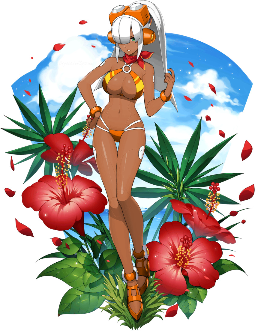 1girl alternate_color alternate_hair_color android bangs bikini blue_sky blunt_bangs bracelet breasts cloud flower full_body hair_over_one_eye hand_on_hip headset high_ponytail highres jewelry large_breasts layer_(rockman) long_hair looking_at_viewer mizuno_keisuke mole mole_under_eye official_art ponytail rockman rockman_x rockman_x_dive scarf silver_hair sky smile solo summer swimsuit transparent_background
