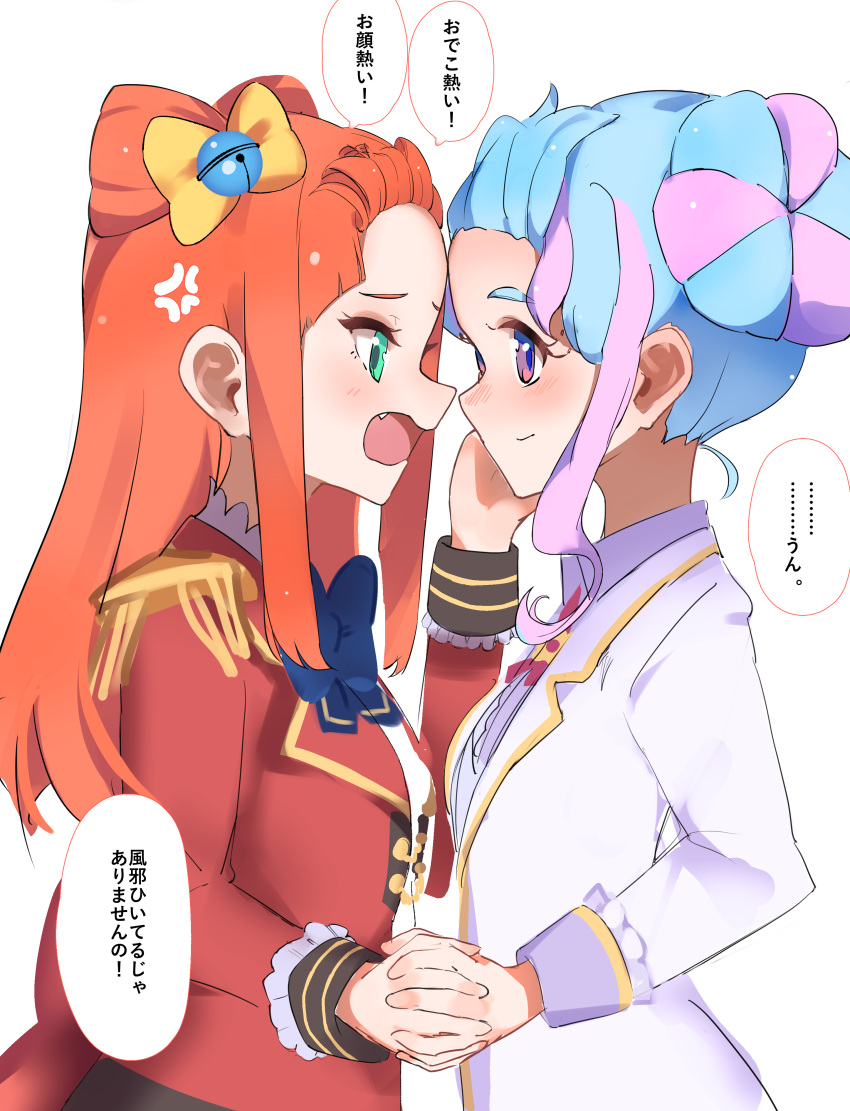 2girls absurdres aikatsu!_(series) aikatsu_stars! anger_vein blazer blue_eyes blush bow bowtie commentary double_bun epaulettes eye_contact eyelashes face-to-face facing_another fang forehead forehead-to-forehead green_eyes hanazono_kirara hands_on_another's_face highres holding_hands interlocked_fingers jacket light_blue_hair long_sleeves looking_at_another multicolored multicolored_eyes multicolored_hair multiple_girls nose_blush open_mouth orange_hair pink_eyes pink_hair s4_uniform saotome_ako school_uniform sidelocks sideways_mouth smile speech_bubble streaked_hair upper_body venus_ark_uniform yotsuboshi_academy_uniform yuri zenryoku
