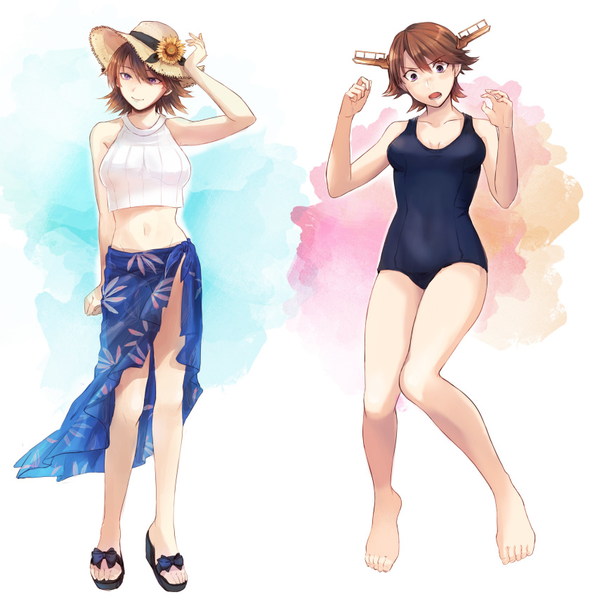 1girl absurdres barefoot brown_hair collarbone flipped_hair hagioshi hairband halter_top halterneck hat headgear hiei_(kantai_collection) highres kantai_collection looking_at_viewer one-piece_swimsuit open_mouth purple_eyes sandals school_swimsuit shawl short_hair sun_hat swimsuit