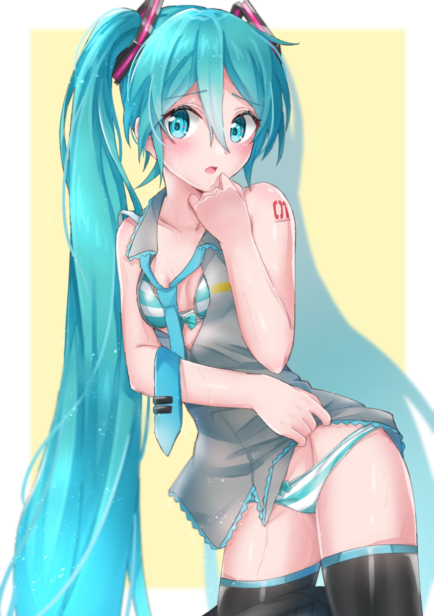 1girl aqua_eyes aqua_hair black_legwear blush bra cowboy_shot grey_shirt hair_between_eyes hatsune_miku highres long_hair looking_at_viewer necktie number_tattoo open_clothes open_mouth open_shirt panties shirt shoulder_tattoo sleeveless sleeveless_shirt solo standing striped striped_bra striped_panties supo01 sweat tattoo thighhighs twintails underwear very_long_hair vocaloid yellow_background