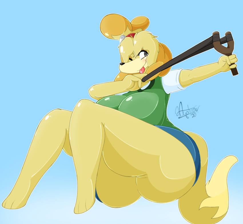 2020 absurd_res animal_crossing anthro ayotizza big_breasts blue_sky breasts butt canid canine canis clothed clothing domestic_dog female fur hi_res isabelle_(animal_crossing) mammal midair nintendo no_underwear ranged_weapon shih_tzu signature simple_background sky slingshot solo thick_thighs tongue tongue_out toy_dog upskirt video_games weapon yellow_body yellow_fur