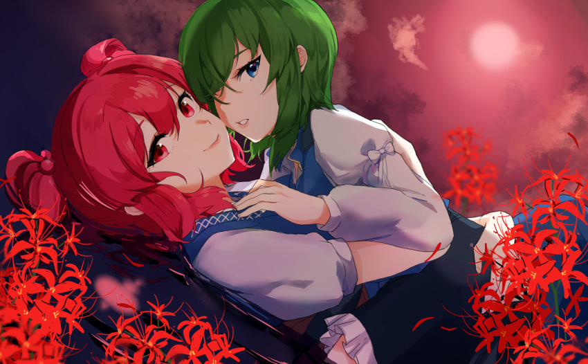 2girls bangs blue_eyes blue_vest closed_mouth cloud cloudy_sky evening field flower flower_field fog green_hair hair_bobbles hair_ornament highres hug juliet_sleeves long_sleeves looking_at_viewer lying lying_on_another medium_hair moon multiple_girls on_back on_stomach onozuka_komachi puffy_sleeves red_eyes red_hair red_moon saple shiki_eiki short_hair short_sleeves short_twintails sidelocks sky smile spider_lily symbol_commentary touhou twintails vest yuri