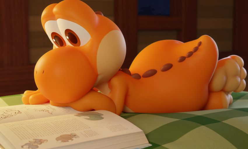 2020 3_toes 3d_(artwork) anthro barefoot bed book cinnamoncookies cookie_(cinnamoncookies) digital_media_(artwork) dino_rhino feet furniture laying_on_bed male mario_bros nintendo orange_yoshi paws reading rex_(mario) reznor scalie soles solo toes video_games yoshi