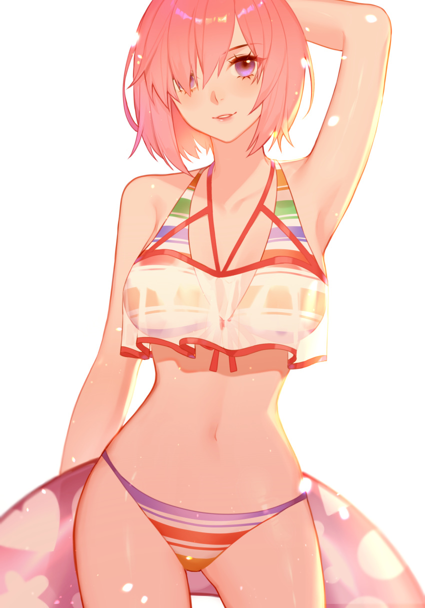 1girl absurdres arm_behind_head arm_up bikini blush breasts cowboy_shot crop_top crop_top_overhang eyelashes fate/grand_order fate_(series) hair_over_one_eye highres holding innertube jesse_(pixiv34586727) layered_bikini looking_at_viewer mash_kyrielight medium_breasts navel parted_lips pink_hair purple_eyes purple_hair see-through short_hair simple_background smile solo striped striped_bikini swimsuit white_background