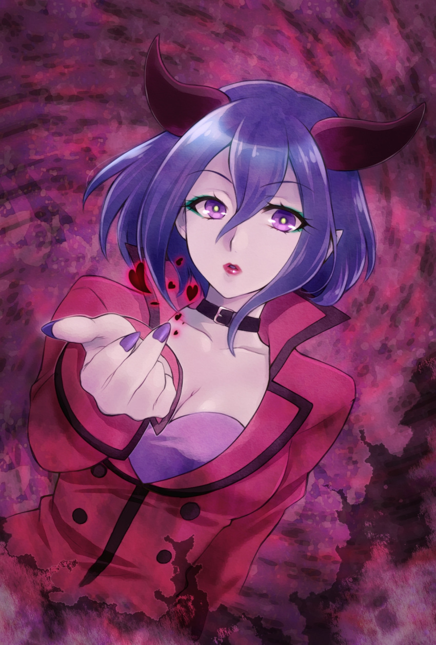 1girl aizen_(syoshiyuki) bangs blown_kiss breasts cleavage eyebrows_visible_through_hair hair_between_eyes healin'_good_precure highres horns jacket long_sleeves looking_at_viewer medium_breasts medium_hair nail_polish parted_lips precure purple_eyes purple_hair purple_nails red_jacket red_lips shiny shiny_hair solo upper_body