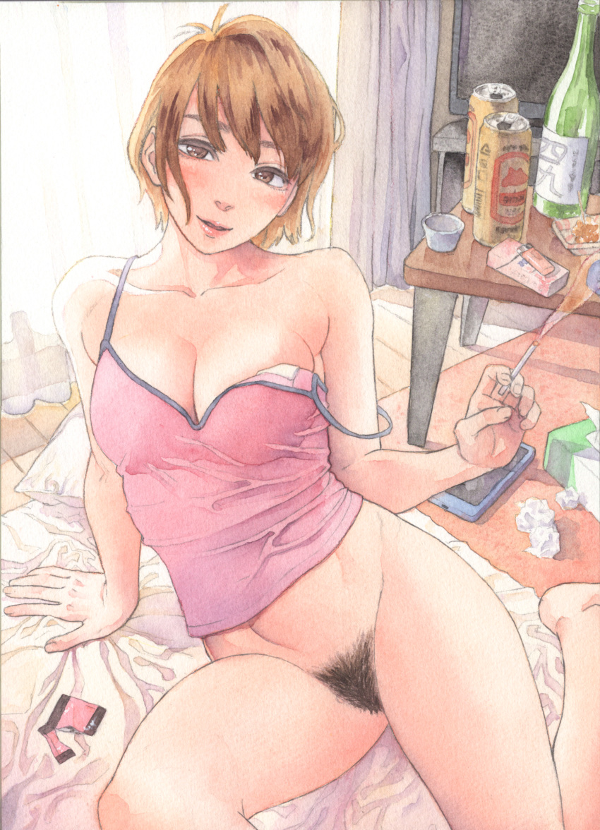 1girl absurdres bed beer_can blush bottle bottomless breasts brown_eyes brown_hair can cigarette condom_wrapper curtains graphite_(medium) highres lighter makki_(tobaccos) nib_pen_(medium) original pubic_hair smile smoke solo table television tissue_box traditional_media used_tissue watercolor_(medium)
